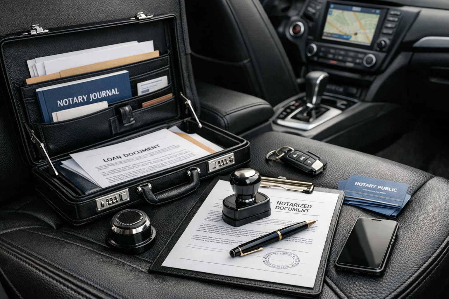 Mobile notary service setup with briefcase, documents, and notary stamp.