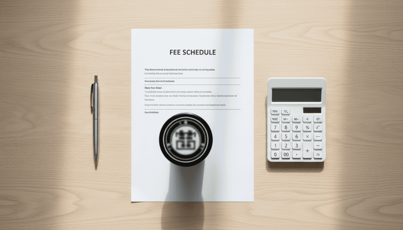 Clear pricing breakdown and professional notary tools on desk