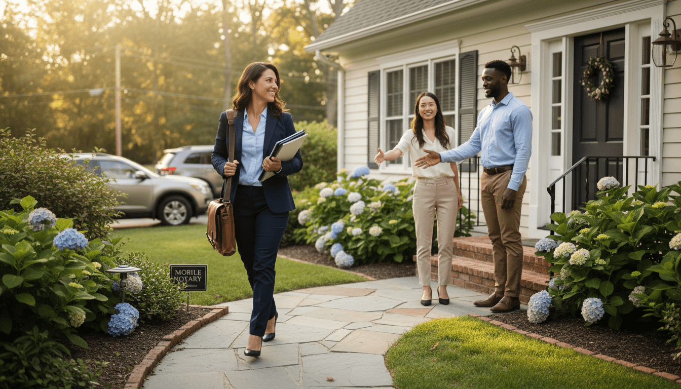 Mobile notary arriving at client's home for loan signing