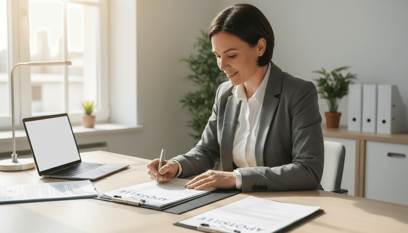 Notary professional efficiently processing apostille documents at desk