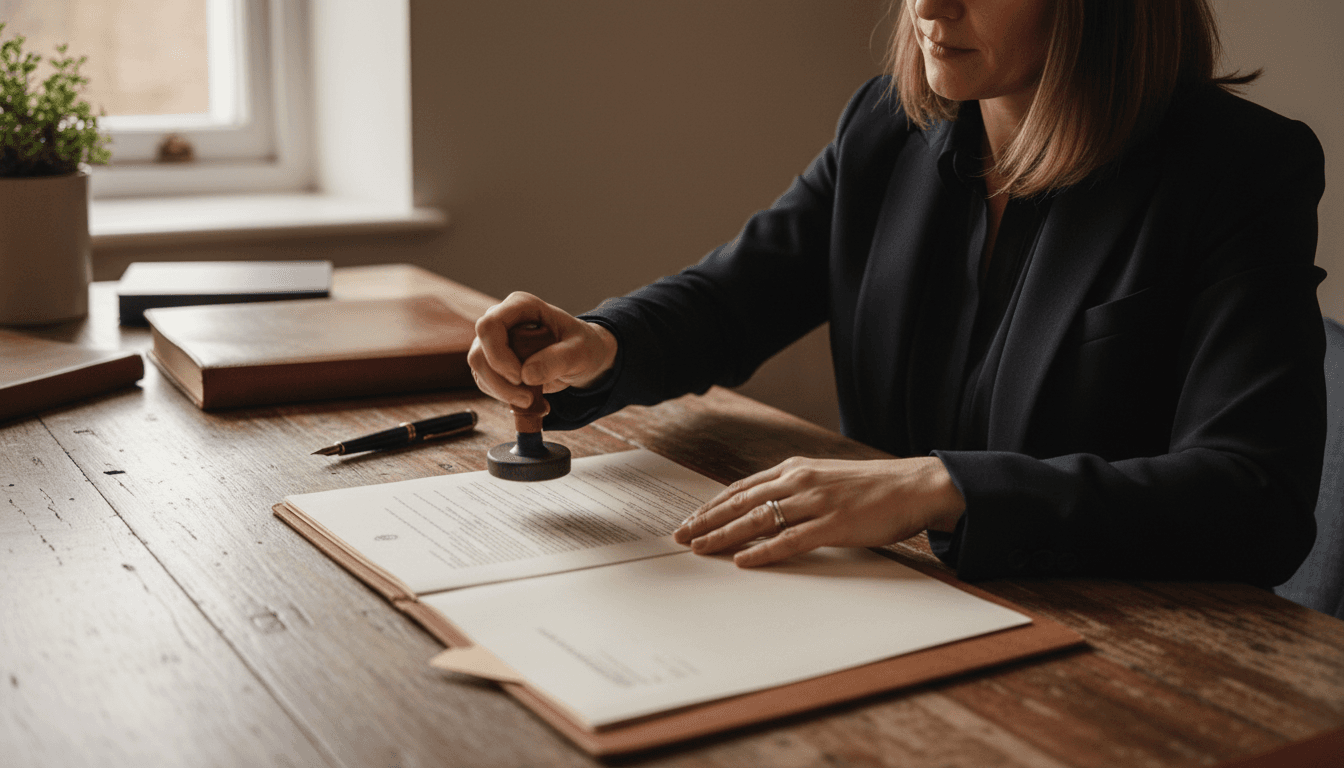 Female notary carefully stamping official documents