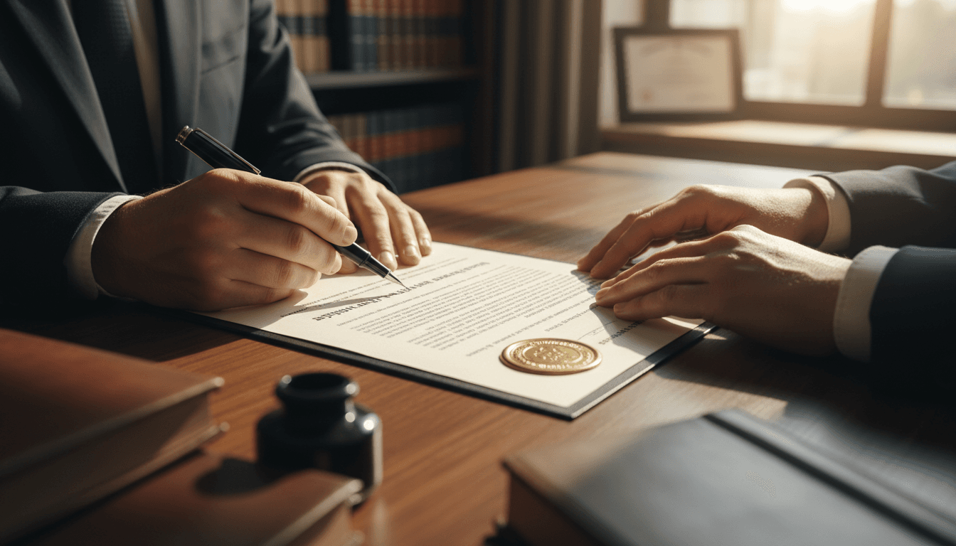 Professional notary reviewing documents at desk
