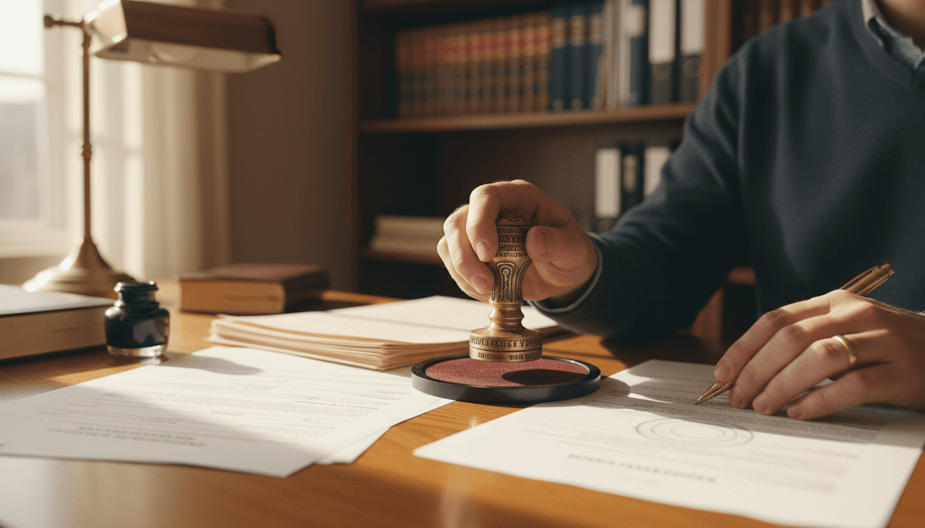 Notary public stamping and reviewing official documents